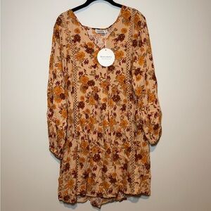 Rusttydustty Floral Print Long Sleeve Boho Dress XL Peach Orange Brown